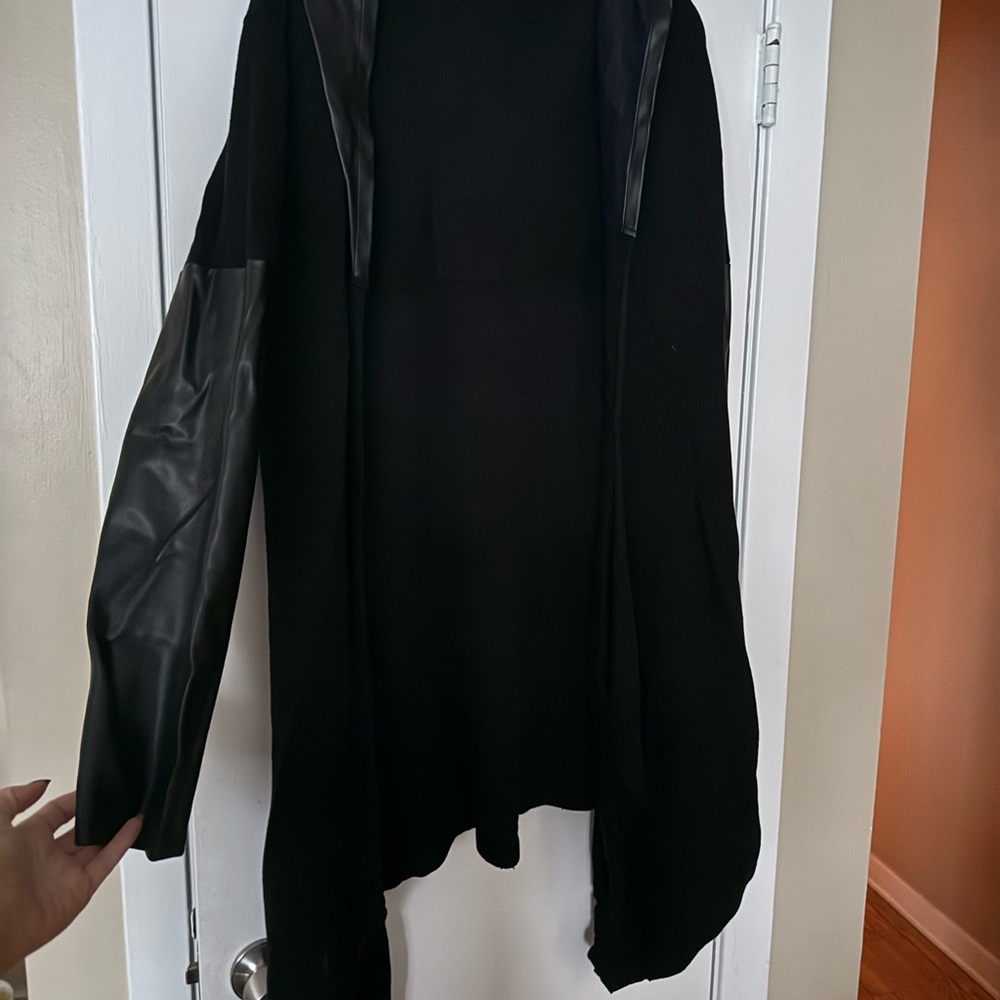 Black Hooded Cardigan Jacket with Faux Leather Sleeves and hoodie